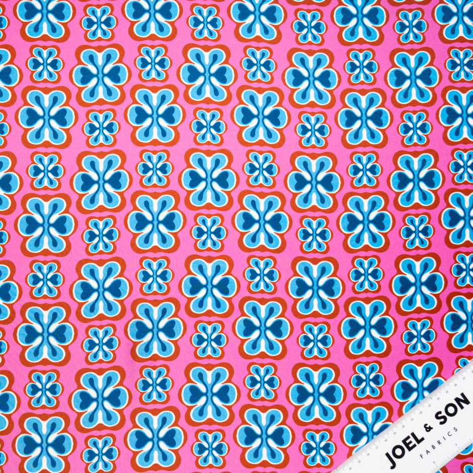 Blue, Red & Pink Geometric Floral Silk Twill