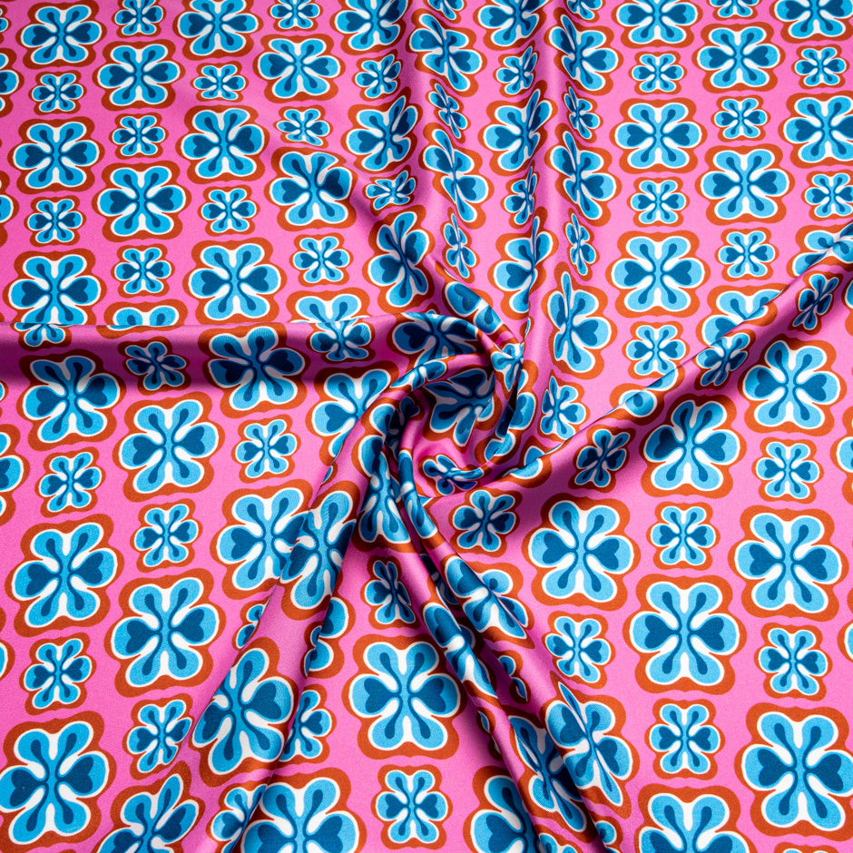 Blue, Red & Pink Geometric Floral Silk Twill
