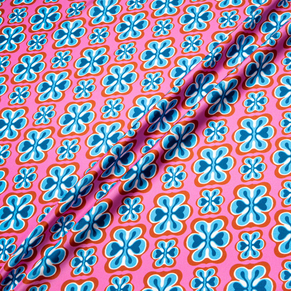 Blue, Red & Pink Geometric Floral Silk Twill