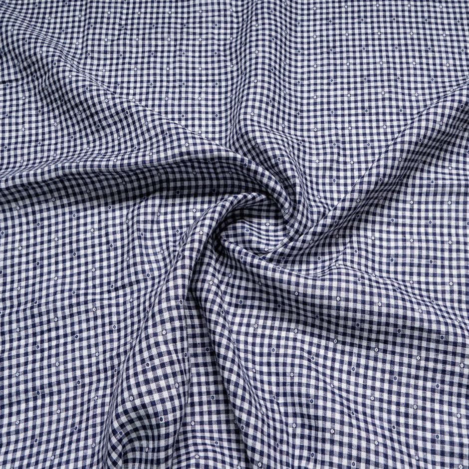 Navy & White Embroidered Gingham Linen