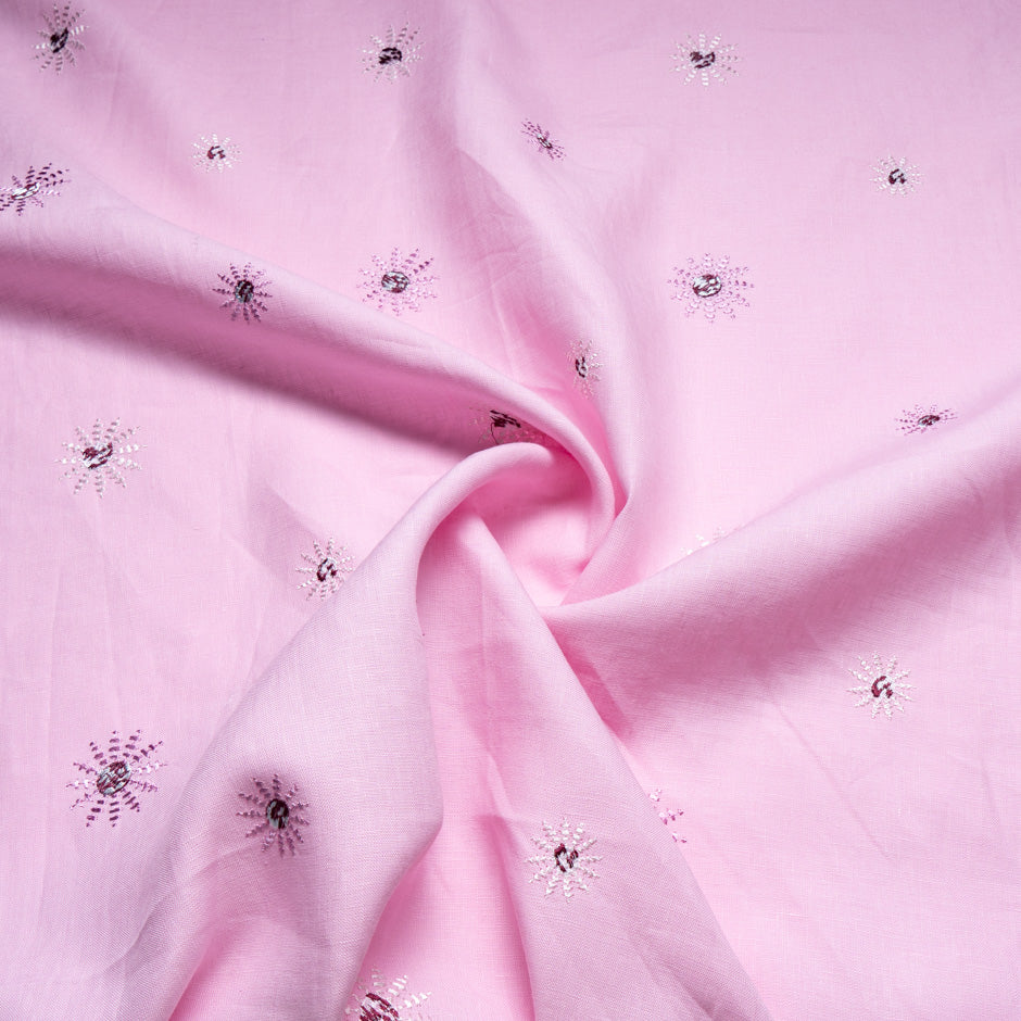 Floral Embroidered Pink Pure Linen