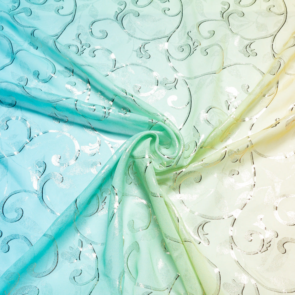 Yellow & Blue Ombré Metallic Silk Georgette