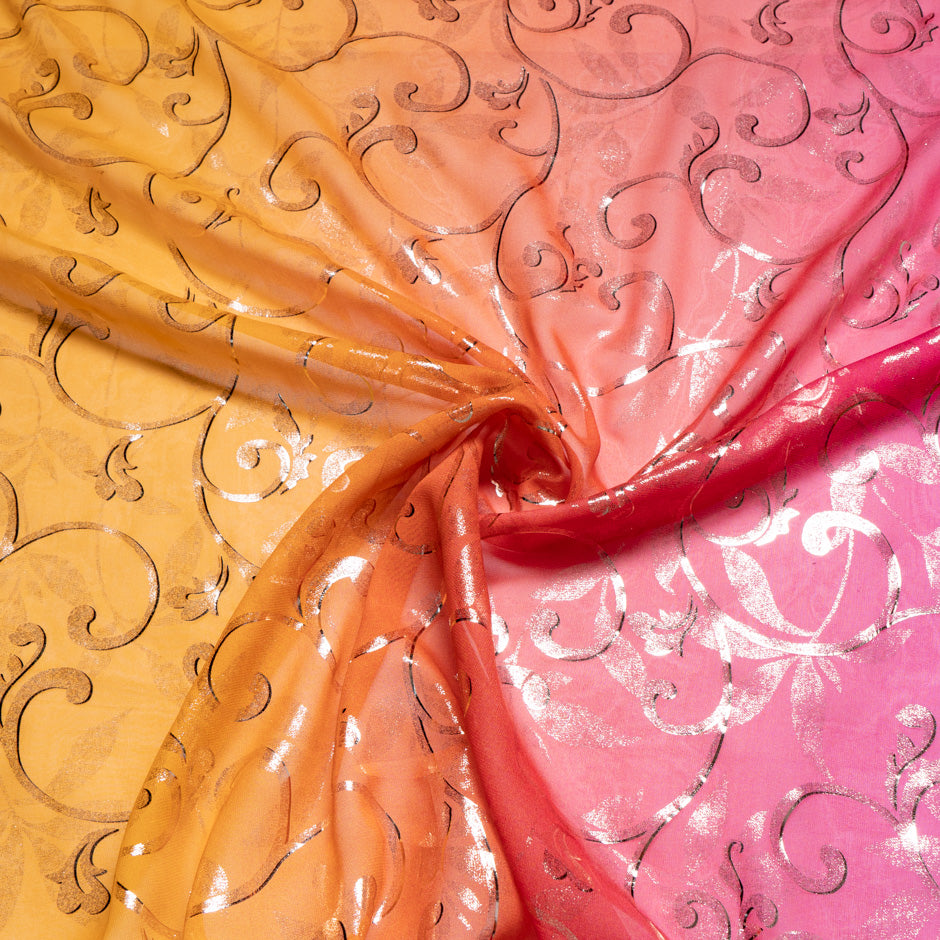 Pink & Orange Ombré Metallic Silk Georgette