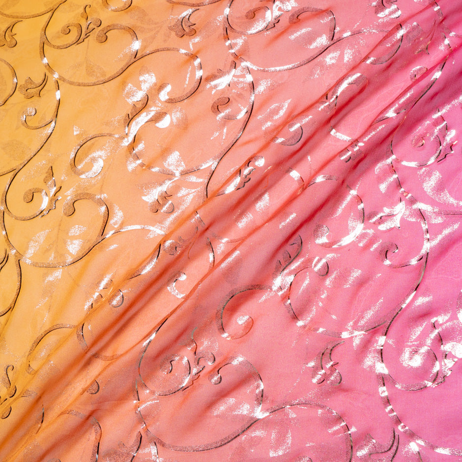 Pink & Orange Ombré Metallic Silk Georgette