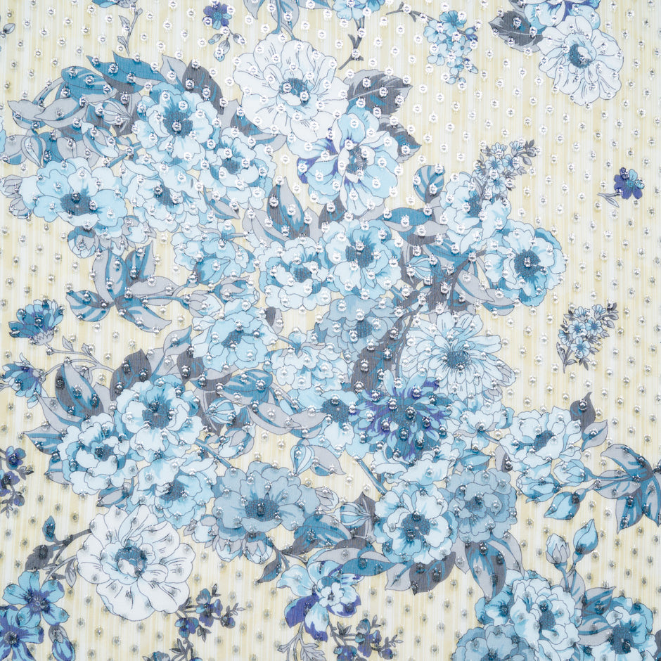 Blue Floral Metallic Spotted Silk Georgette