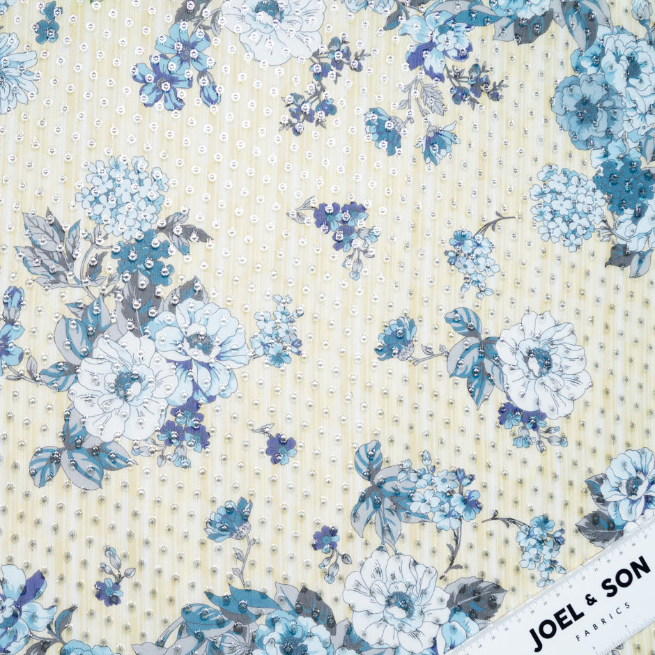 Blue Floral Metallic Spotted Silk Georgette
