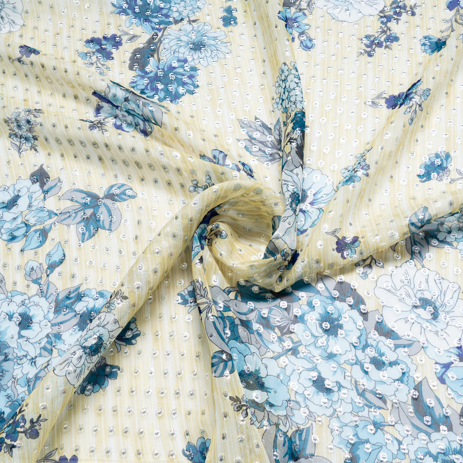 Blue Floral Metallic Spotted Silk Georgette