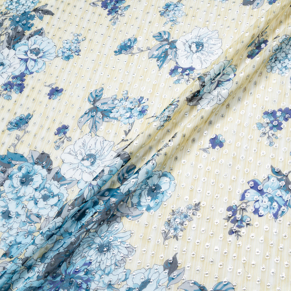Blue Floral Metallic Spotted Silk Georgette