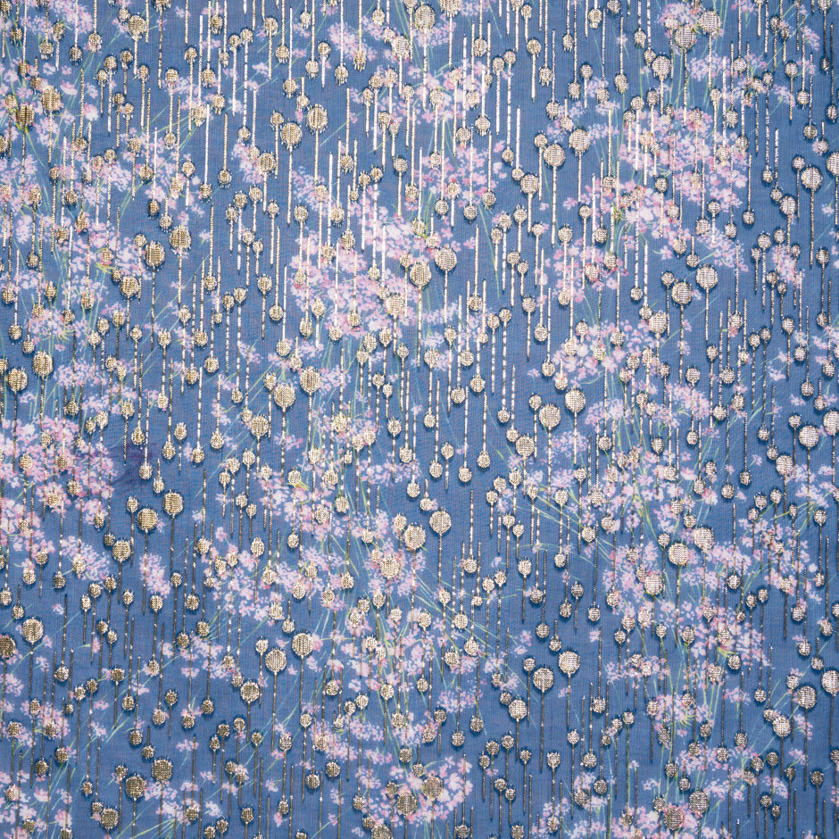 Delicate Floral Printed Jacquard Blue Georgette