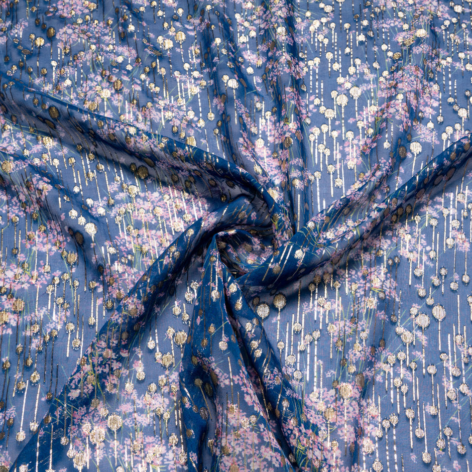 Delicate Floral Printed Jacquard Blue Georgette