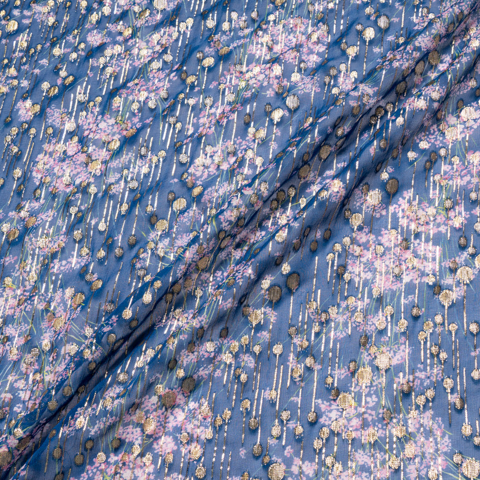 Delicate Floral Printed Jacquard Blue Georgette