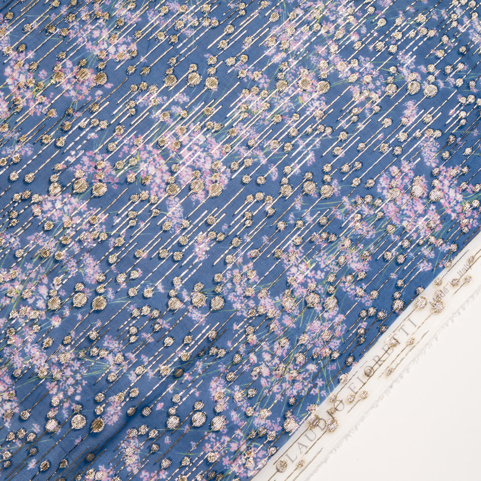 Delicate Floral Printed Jacquard Blue Georgette