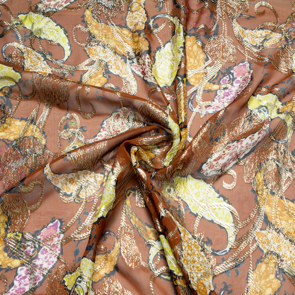 Paisley Printed Brown Silk Metallic Jacquard