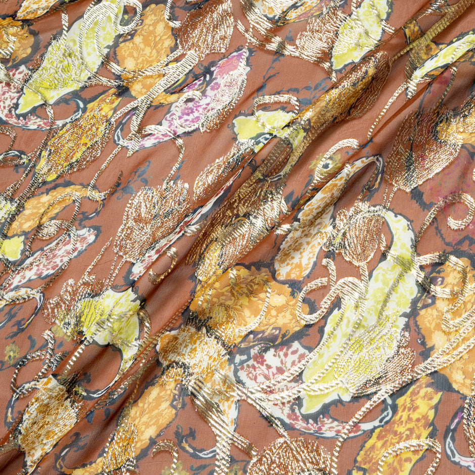 Paisley Printed Brown Silk Metallic Jacquard