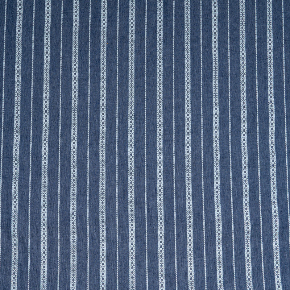 Striped Embroidered Blue Pure Cotton Denim