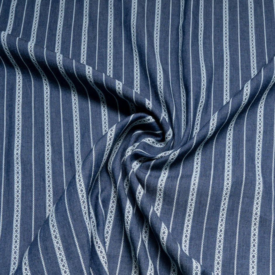 Striped Embroidered Blue Pure Cotton Denim