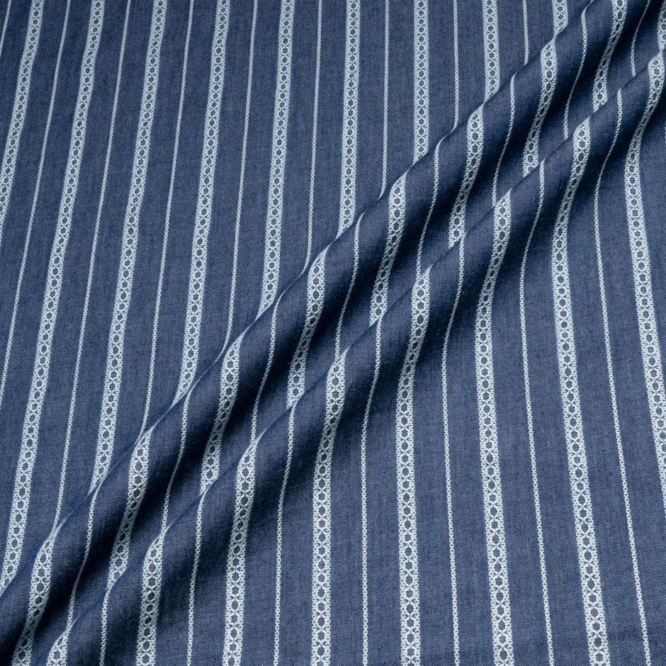 Striped Embroidered Blue Pure Cotton Denim
