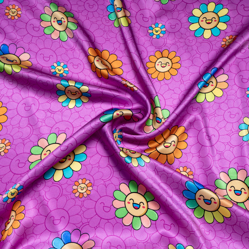 'Happy Flower' Printed Magenta Pink Silk Satin