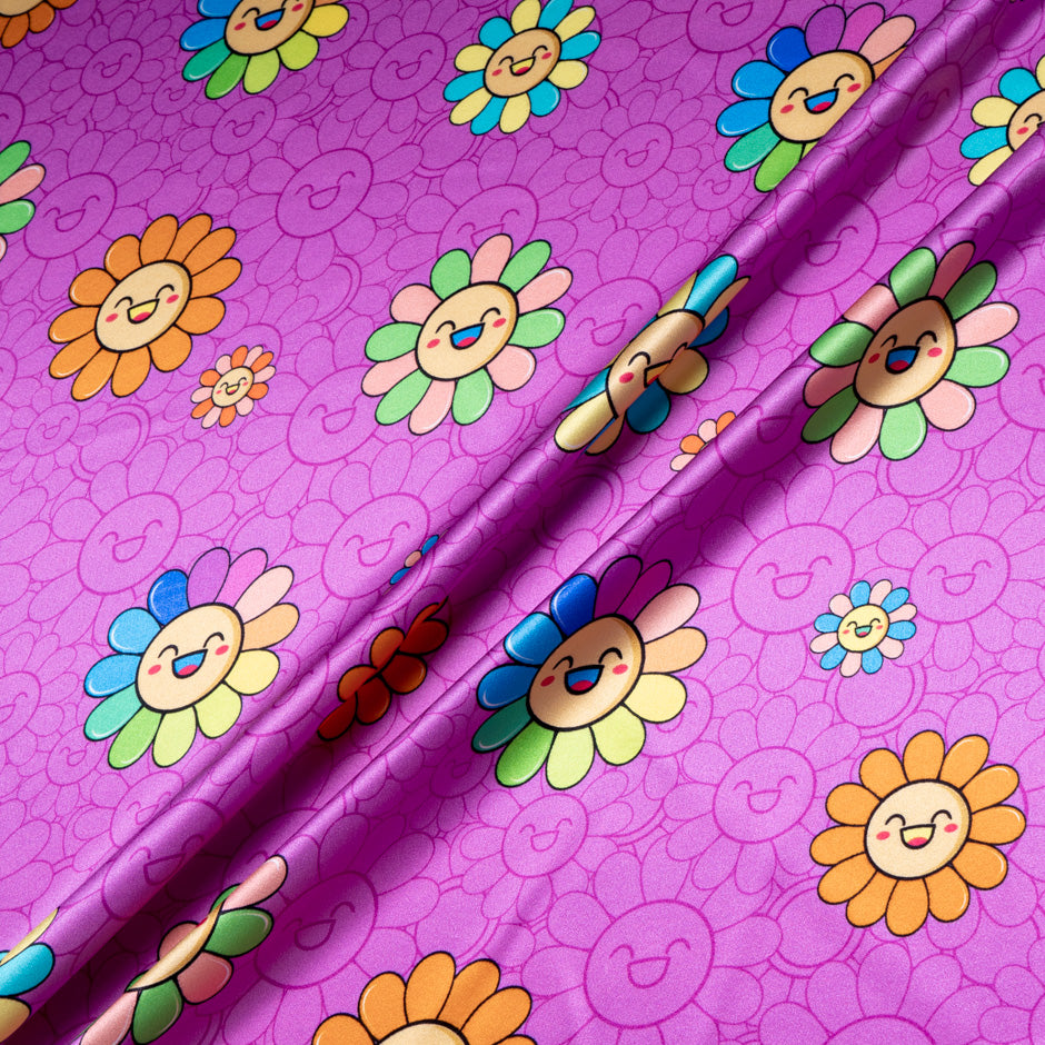 'Happy Flower' Printed Magenta Pink Silk Satin