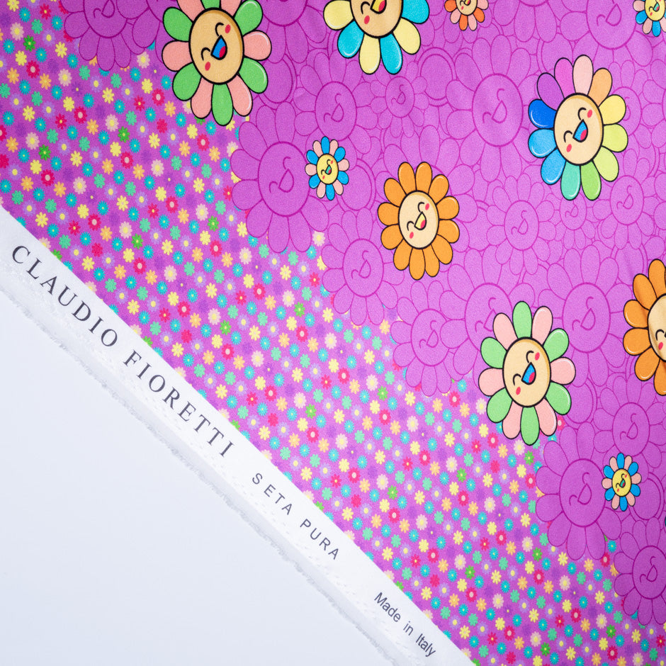 'Happy Flower' Printed Magenta Pink Silk Satin