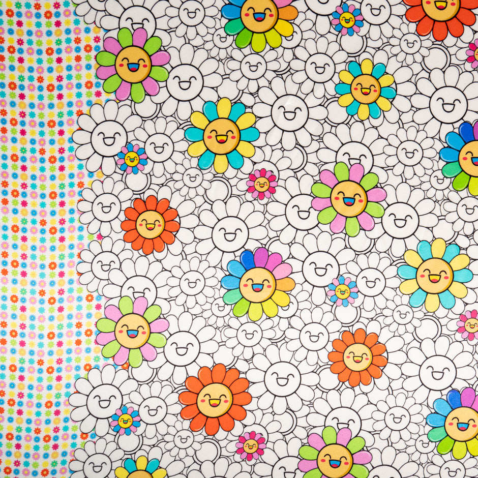 'Happy Flower' Printed White Silk Satin