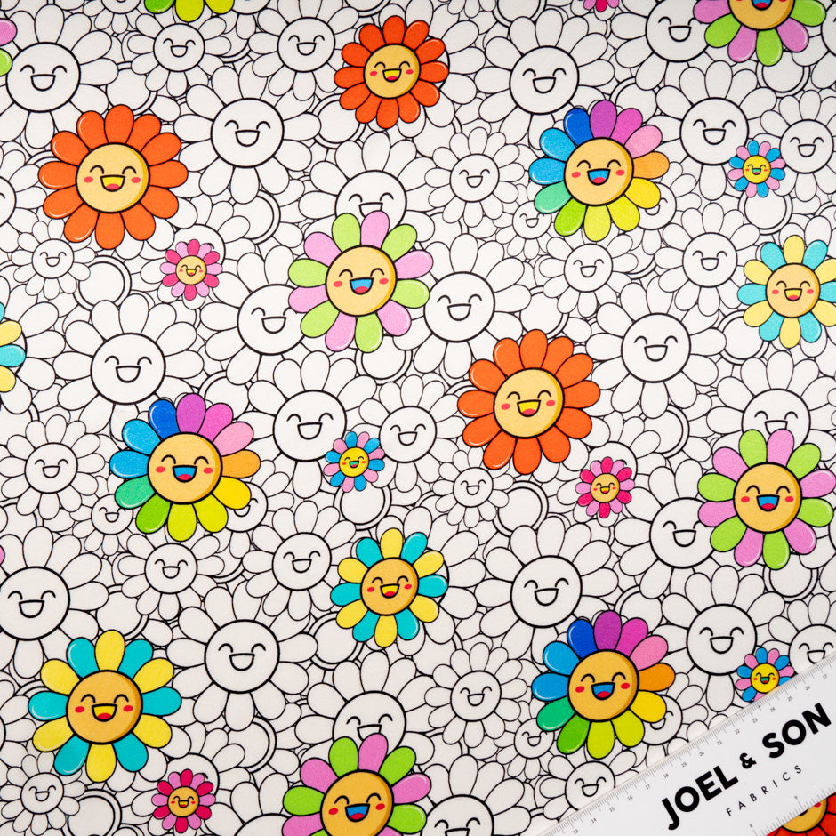 'Happy Flower' Printed White Silk Satin