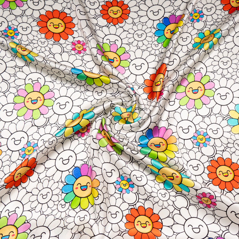 'Happy Flower' Printed White Silk Satin