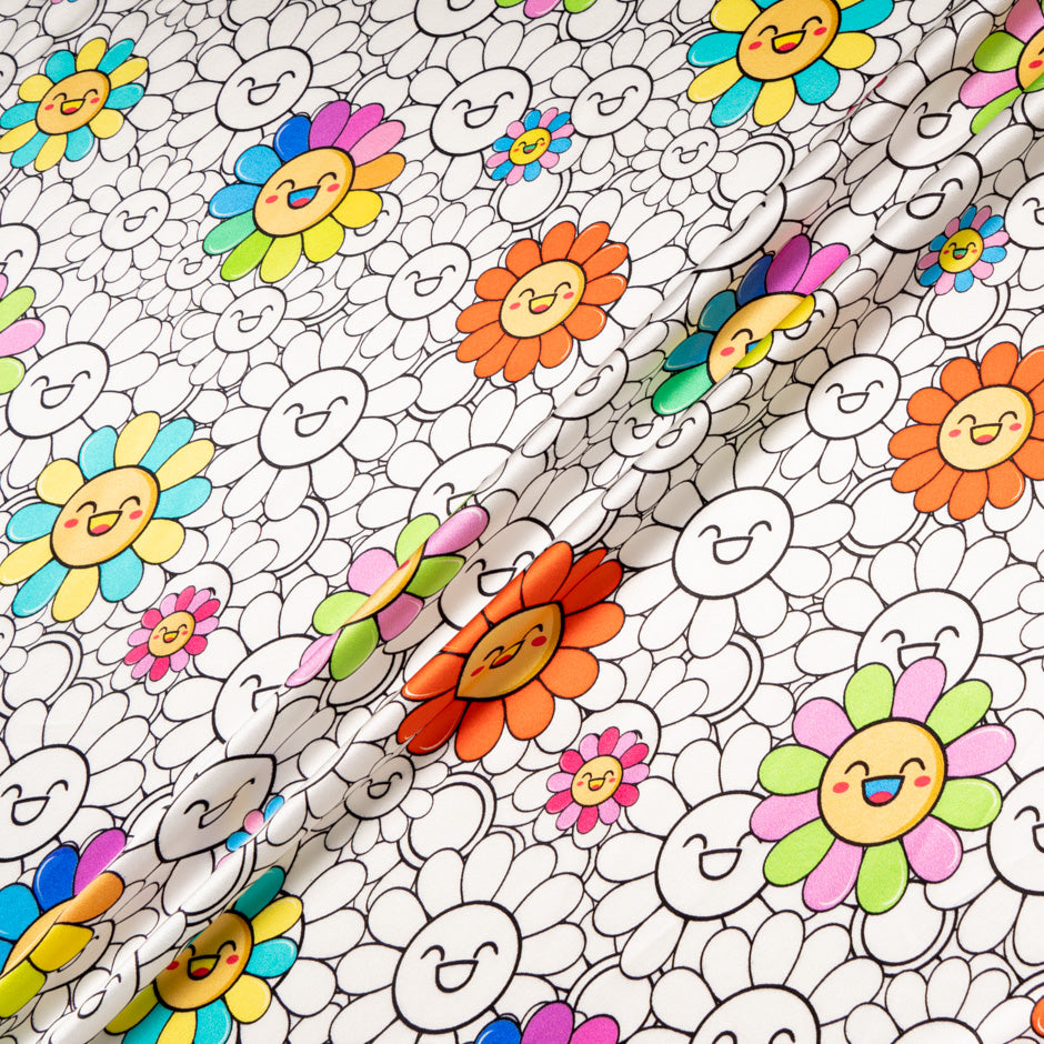 'Happy Flower' Printed White Silk Satin