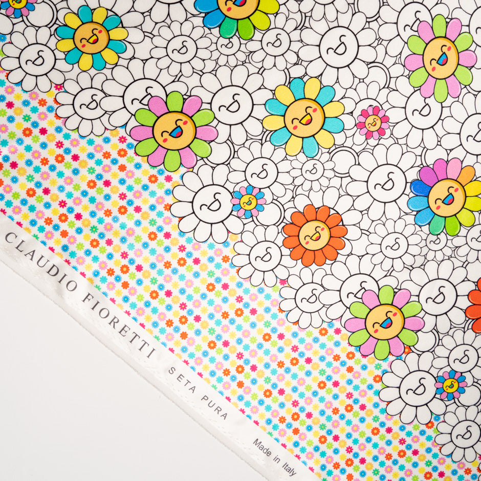 'Happy Flower' Printed White Silk Satin