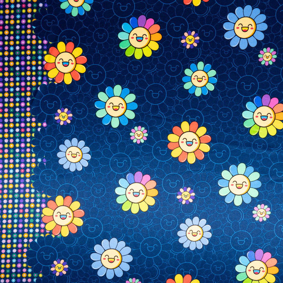 'Happy Flower' Printed Navy Blue Silk Satin