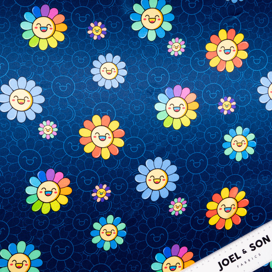 'Happy Flower' Printed Navy Blue Silk Satin