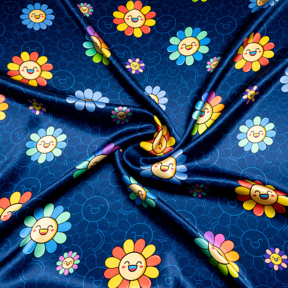 'Happy Flower' Printed Navy Blue Silk Satin