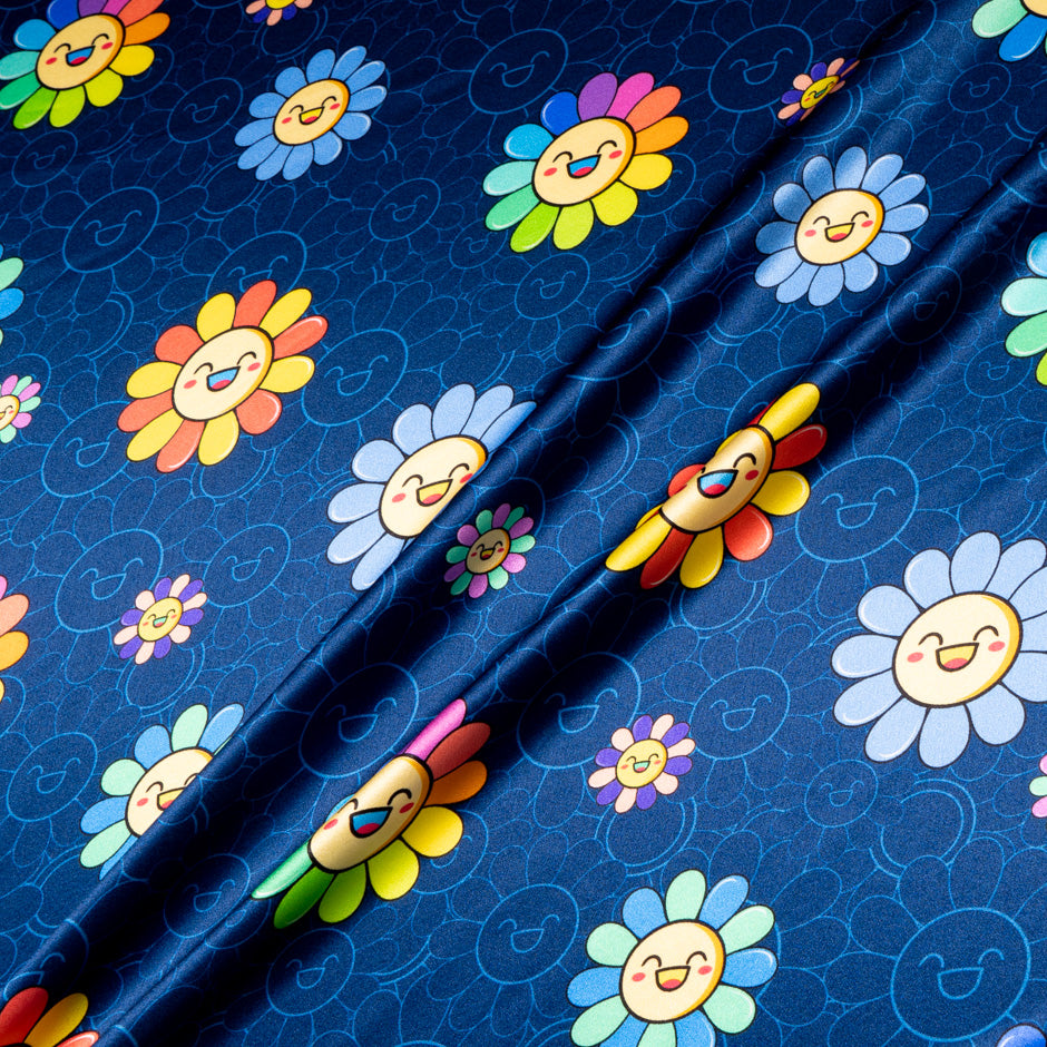 'Happy Flower' Printed Navy Blue Silk Satin