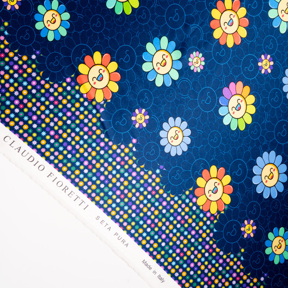 'Happy Flower' Printed Navy Blue Silk Satin