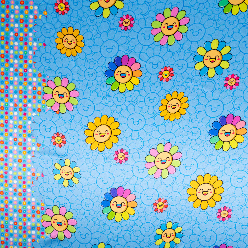 'Happy Flower' Printed Sky Blue Silk Satin