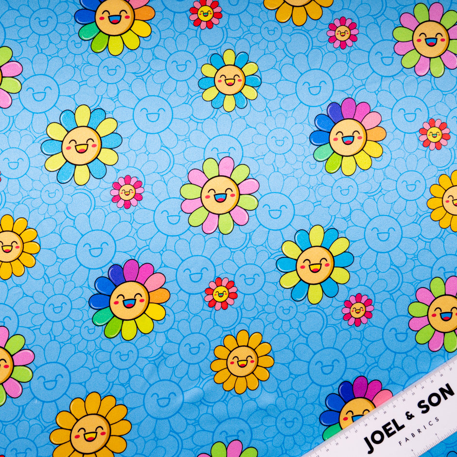 'Happy Flower' Printed Sky Blue Silk Satin