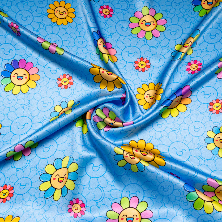 'Happy Flower' Printed Sky Blue Silk Satin