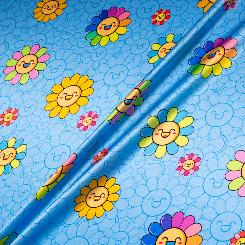 'Happy Flower' Printed Sky Blue Silk Satin