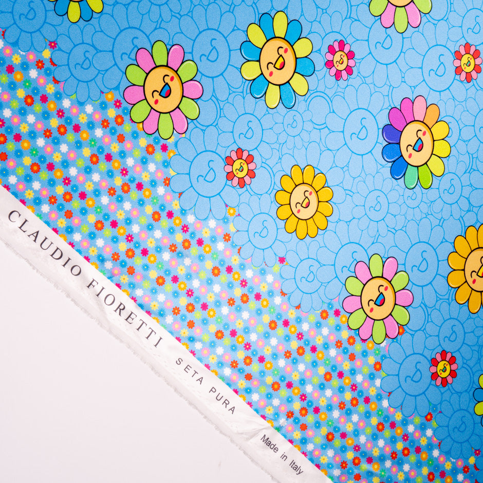 'Happy Flower' Printed Sky Blue Silk Satin