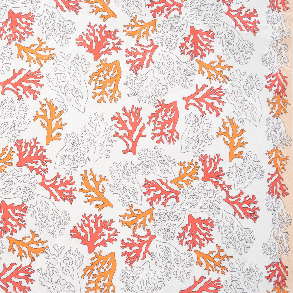 Orange 'Coral' Printed White Silk Jacquard