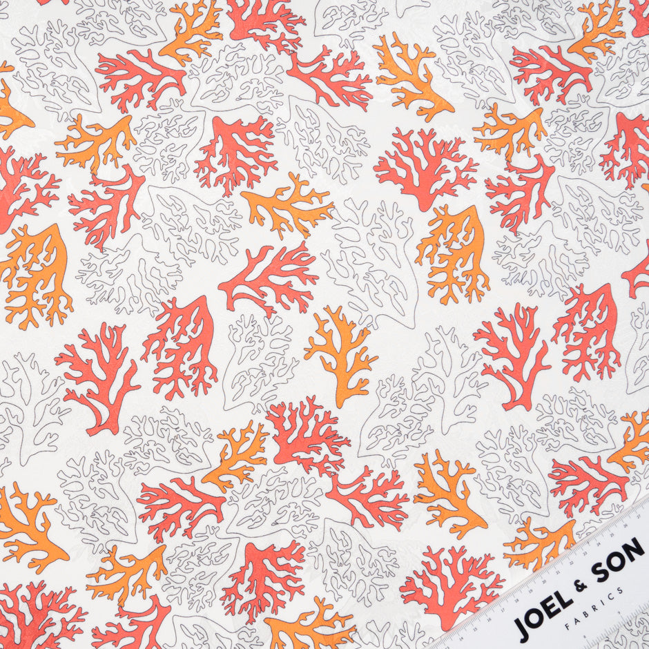 Orange 'Coral' Printed White Silk Jacquard