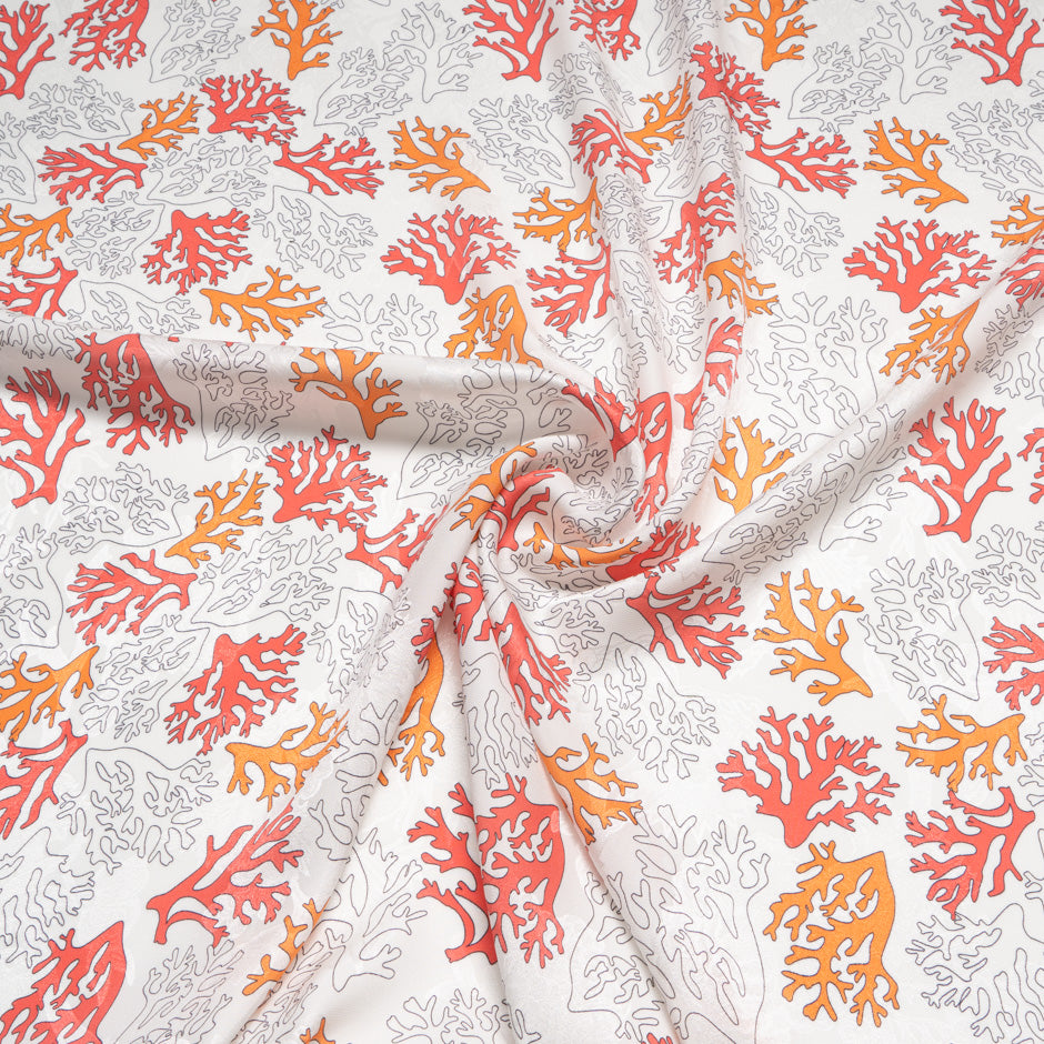 Orange 'Coral' Printed White Silk Jacquard