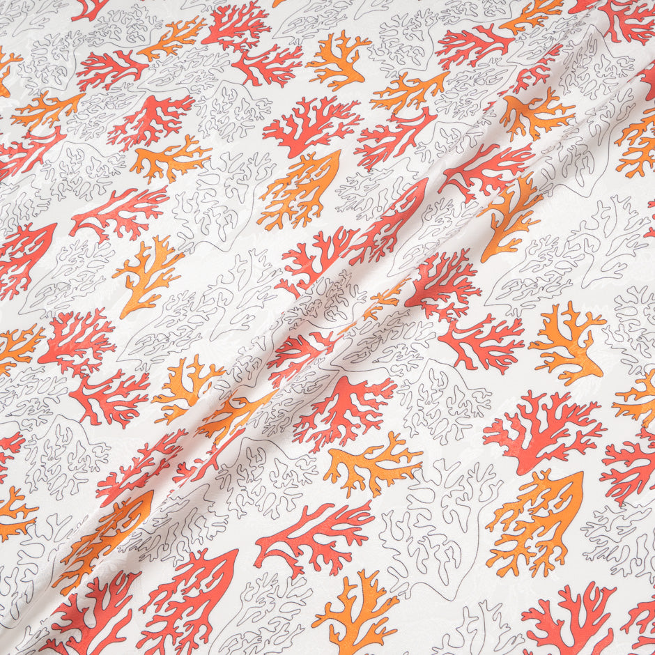 Orange 'Coral' Printed White Silk Jacquard