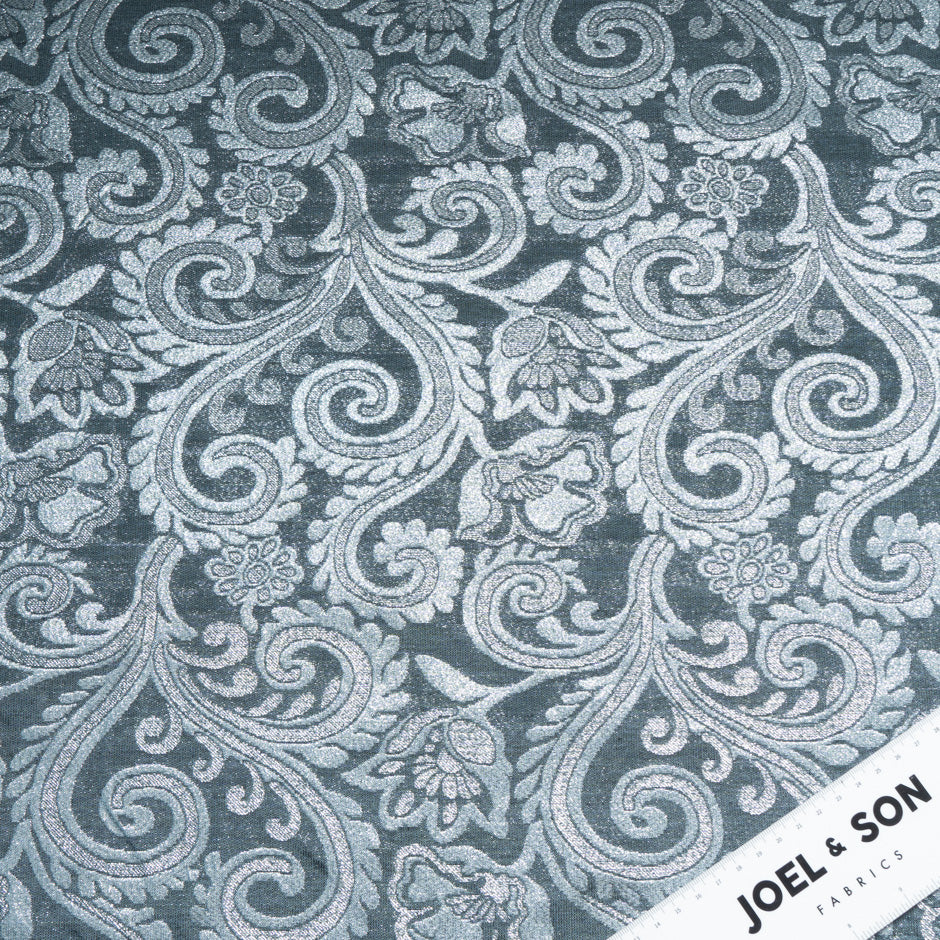 Silver Patterned Slate Blue Mixed Fibre Brocade