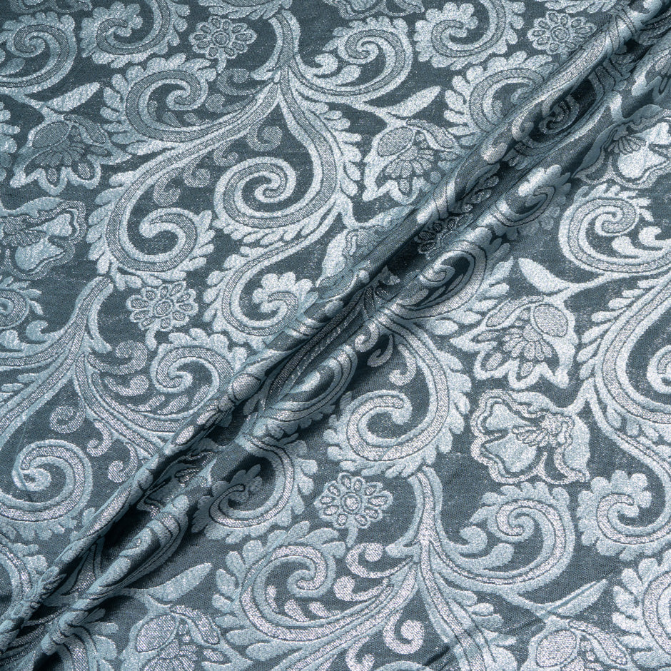Silver Patterned Slate Blue Mixed Fibre Brocade