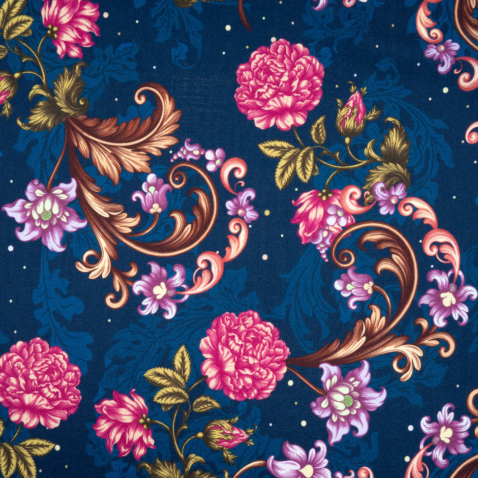 Pink & Purple Floral Printed Blue Merino Wool