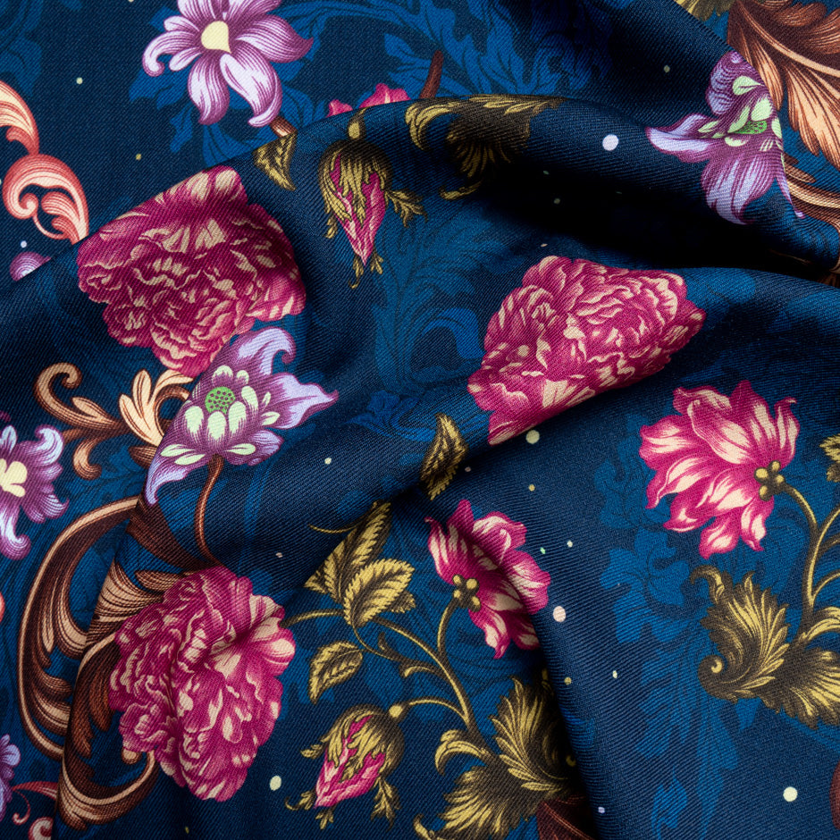 Pink & Purple Floral Printed Blue Merino Wool