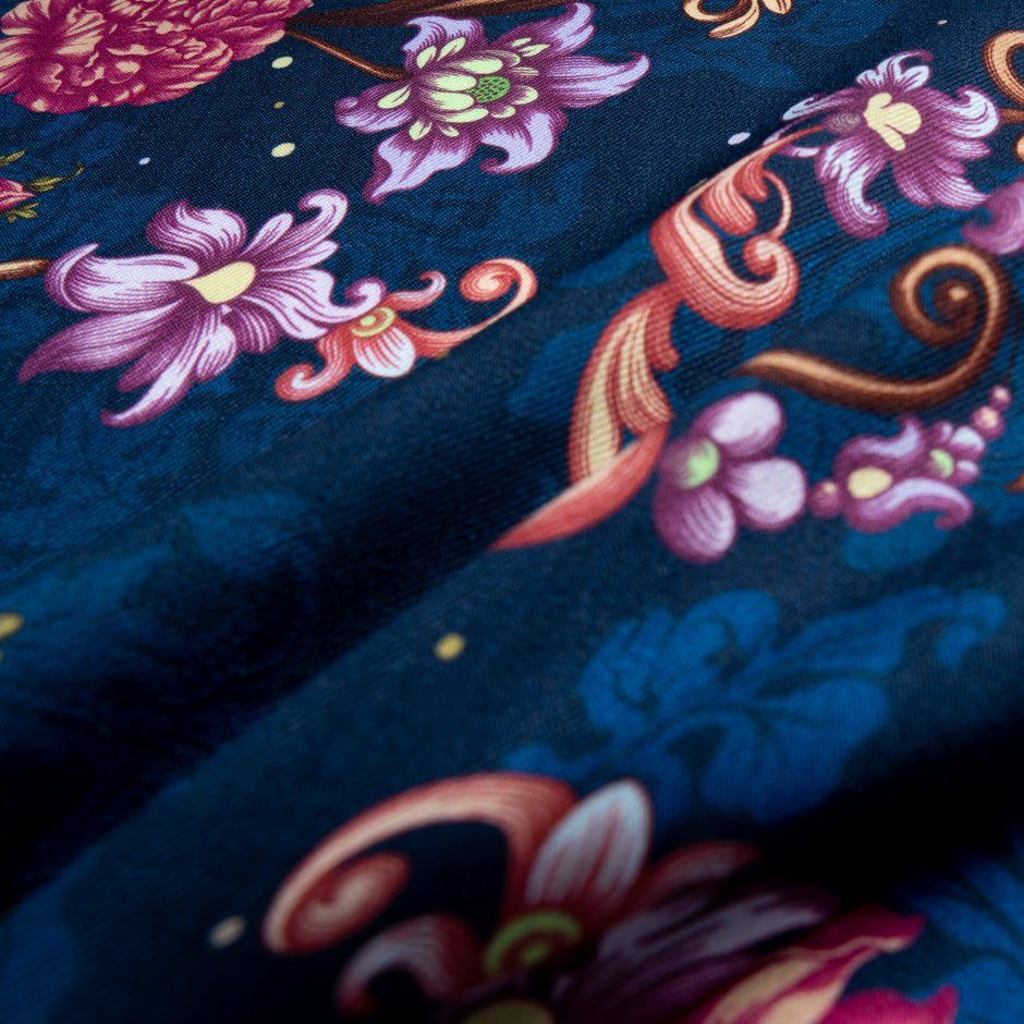 Pink & Purple Floral Printed Blue Merino Wool