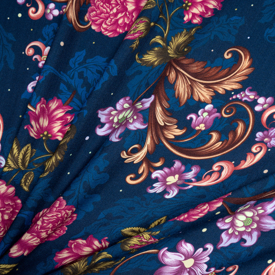 Pink & Purple Floral Printed Blue Merino Wool