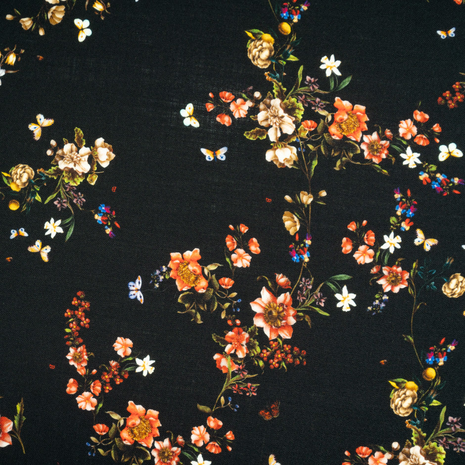 Multi Floral Printed Black Merino Wool